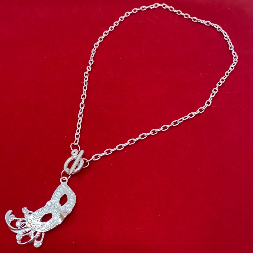 Masquerade Mask Necklace Silver Tone Chain Link Toggle Rhinestones